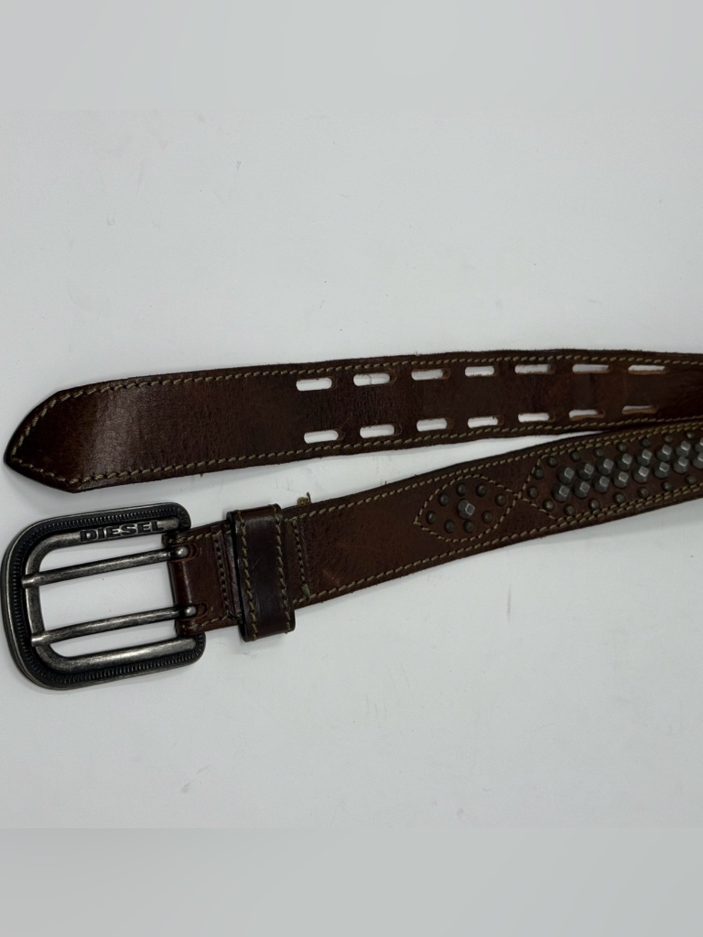 Diesel Studded Brown Leather Belt Size 105 Distressed Wide Buckle.